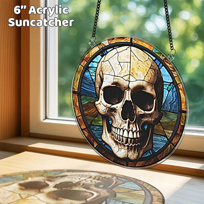 2 Halloween Raven Skull Acrylic Window Hanging 6" Ornaments, Art Gothic Decor for Home, Indoor, Garden, Housewarming, Gift for Mom, Grandma, Women, Friend SCB-A6-GT1