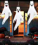 3PCS White Halloween Cute Ghost Windsocks Hanging Decorations - 43 Inch Flag Wind Socks for Home Yard Outdoor Decor Party Supplies (Batteries Not Included,No Timer)