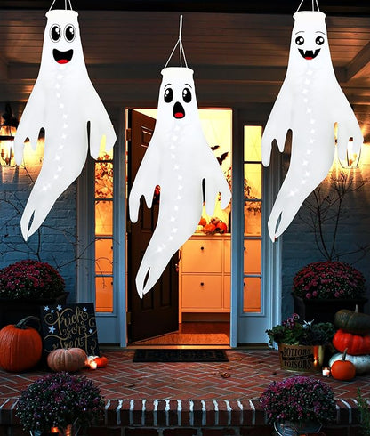 3PCS White Halloween Cute Ghost Windsocks Hanging Decorations - 43 Inch Flag Wind Socks for Home Yard Outdoor Decor Party Supplies (Batteries Not Included,No Timer)