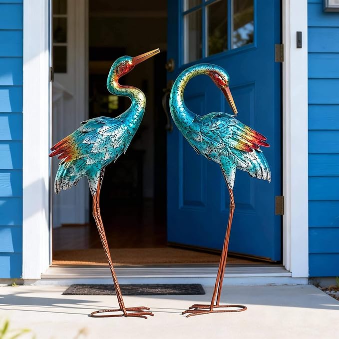 Natelf Crane Statues for Garden Decor, Blue Heron Sculptures, Metal Large Birds Lawn Sculptures & Statue for Patio Pond, Yard Decorations, Set of 2