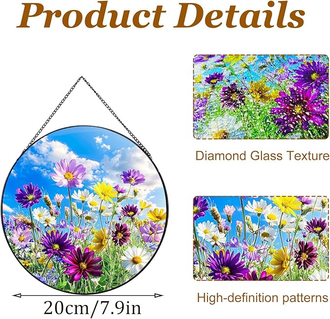 Wildflowers Stained Glass Suncatcher, Floral Suncatcher Wall Hanging,Cottagecore Wildflower Sun Catchers Indoor Window Round Glass Wall Art Decor,Gardening & Lawn Care 7.9"
