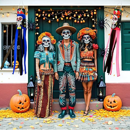NOVWANG 2 Pcs Day of The Dead Windsocks, Dia de Los Muertos Wind Socks Day of The Dead Hanging Windsock Flag Decoration for Garden Yard Porch Backyard Patio Decor
