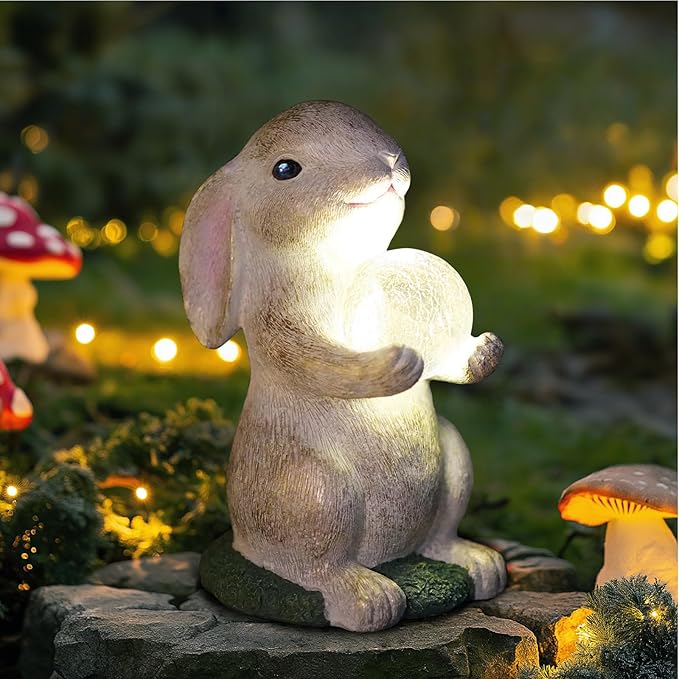 Solar Rabbit Garden Statue Outdoor Decor, Bunny Figurines with Solar Lights, Yard Decorations for Patio Balcony Yard Lawn Ornament - Unique Birthday Easter Housewarming Gifts for Women, Mom, Grandma