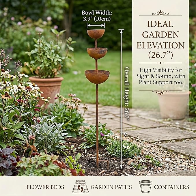 Rain Catcher & Plant Support Metal Garden Ornament, 3-Tiered Garden Stake with Water Bowls, Bird Bath & Bee Watering Station for Outdoor Yard, Patio, Lawn Art Decor (3PCS)