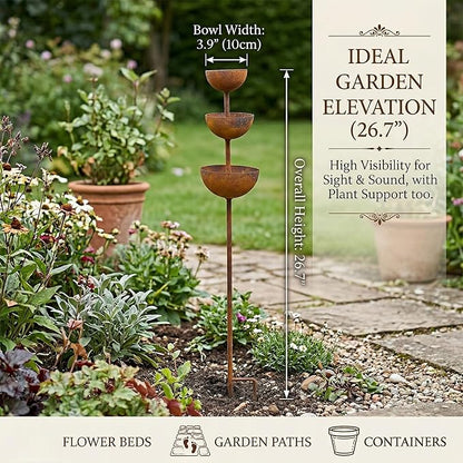 Rain Catcher & Plant Support Metal Garden Ornament, 3-Tiered Garden Stake with Water Bowls, Bird Bath & Bee Watering Station for Outdoor Yard, Patio, Lawn Art Decor (3PCS)