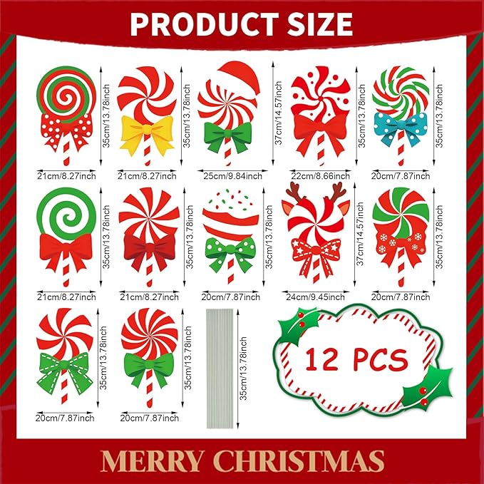12-Piece Christmas Lollipop Yard Signs with Stakes Decorations – Assorted Candy Cane Peppermint Designs 14 Inches Large Outdoor Holiday Candy Signs for Garden, Lawn, Driveway, and Christmas Party Favor