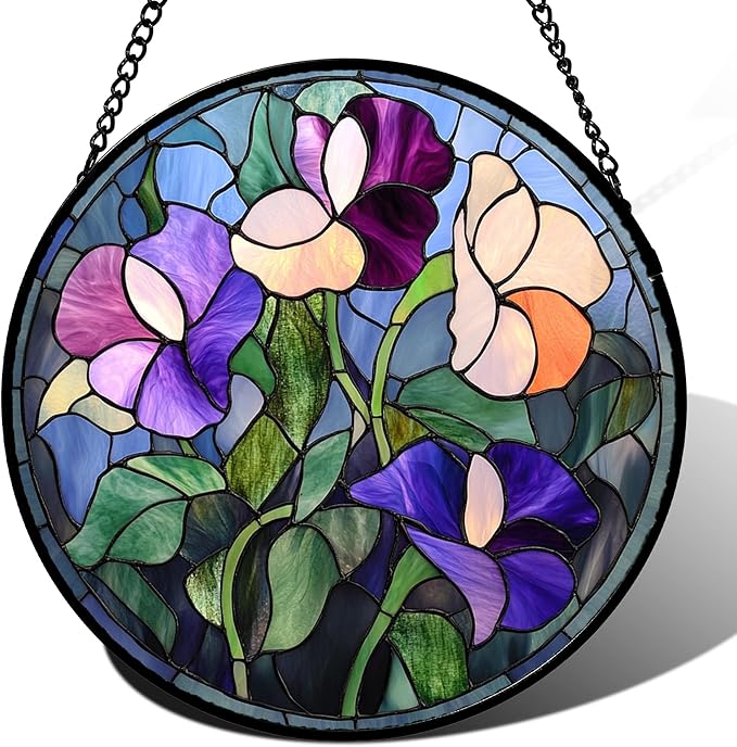 Stained Glass Window Hanging - Colorful Flower Suncatcher for Door Garden Patio Retro Floral Sun Catchers Decor Christmas Mother's Day Birthday Gifts for Women Mom Nana Friend 6.3 in