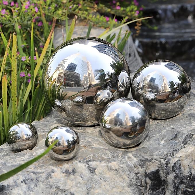 yarlung 10 Pack Stainless Steel Gazing Balls, 50-150 mm Garden Mirror Globe Floating Pond Sphere, Silver Polished Hollow Ball Reflective Ornament for Home Yard Outdoor Lawn Decoration