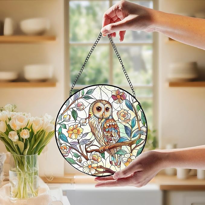 Owl Bird Flower Stained Glass Window Hanging, Owl Gifts for Women, Cottagecore Bird Floral Botanical Suncatchers Sun Catchers Indoor Window Glass Wall Art Decorations, 7.9x7.9in, Patio