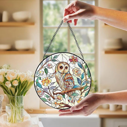 Owl Bird Flower Stained Glass Window Hanging, Owl Gifts for Women, Cottagecore Bird Floral Botanical Suncatchers Sun Catchers Indoor Window Glass Wall Art Decorations, 7.9x7.9in, Patio