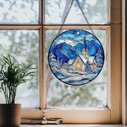 Christian Church Christmas Stained Glass Window Hanging Suncatchers, Religious Winter Sun Catchers Indoor Window Glass Wall Art Decor, Winter Wall Hanging Decorations Sculptures, 7.9x7.9in