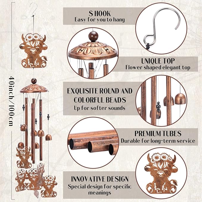 Highland Cow Wind Chimes - Metal Windchime Outdoor Indoor Decor Cows Gifts for Women Men Mom Grandma Animal Lover Garden Lawn Patio Yard Porch Home Decoration Birthday Christmas Memorial Gift