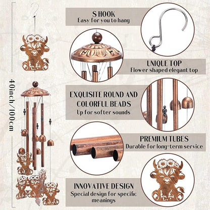 Highland Cow Wind Chimes - Metal Windchime Outdoor Indoor Decor Cows Gifts for Women Men Mom Grandma Animal Lover Garden Lawn Patio Yard Porch Home Decoration Birthday Christmas Memorial Gift