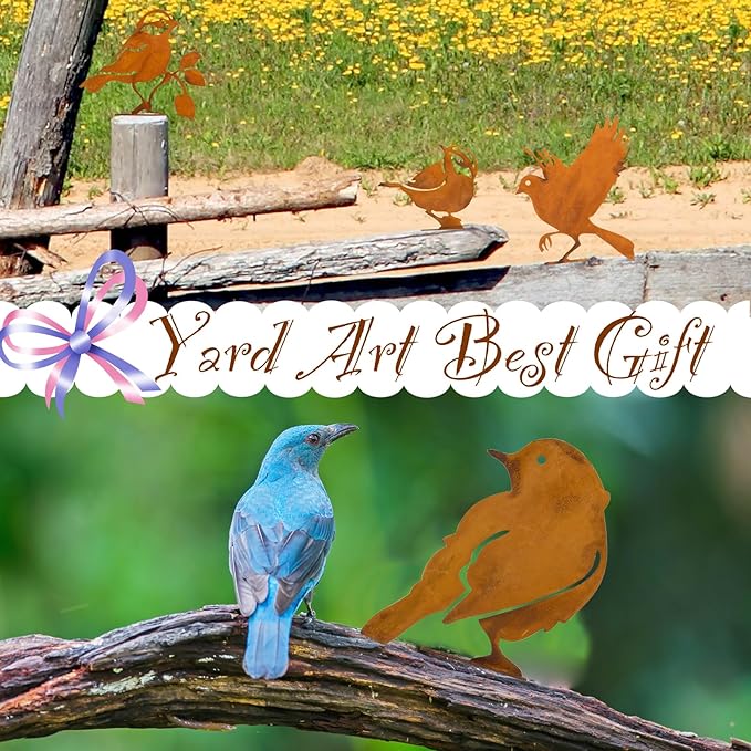 LhyBtm 5 Pcs Rusty Birds Decoration Silhouette with Rusty Patina Birds Decoration Outdoor Fence Decorations Lifelike Metal Birds Garden Ornaments Silhouette Rustic Outdoor Patio Yard Adornment
