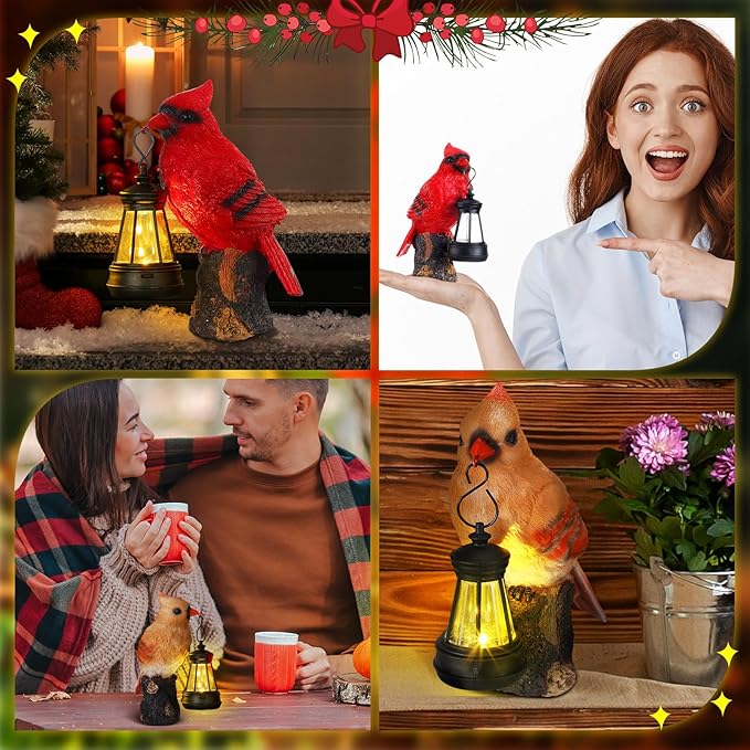 Suzile 2 Pcs Cardinal Gifts Red Cardinal Solar Light Cardinals Garden Decor Red Bird Figurine 6.3" Couple Cardinals Memorial Mothers Day Gifts Solar Light Statue for Memorial Balcony Yard Garden