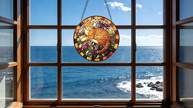 Funoasis Stained Glass Window Hanging 7.8 Inches Suncatcher - an Orange Cat Lying On A Cluster of Purple Flowers Ornaments Sun Catcher Home Decor Women Birthday