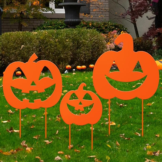 3 Pack Halloween Decorations Outdoor Metal Halloween Garden Stakes Metal Ghost Pumpkins Black Cat Yard Signs Decor for Outside Garden Lawn Porch Patio Party Decorations(Pumpkin Style)
