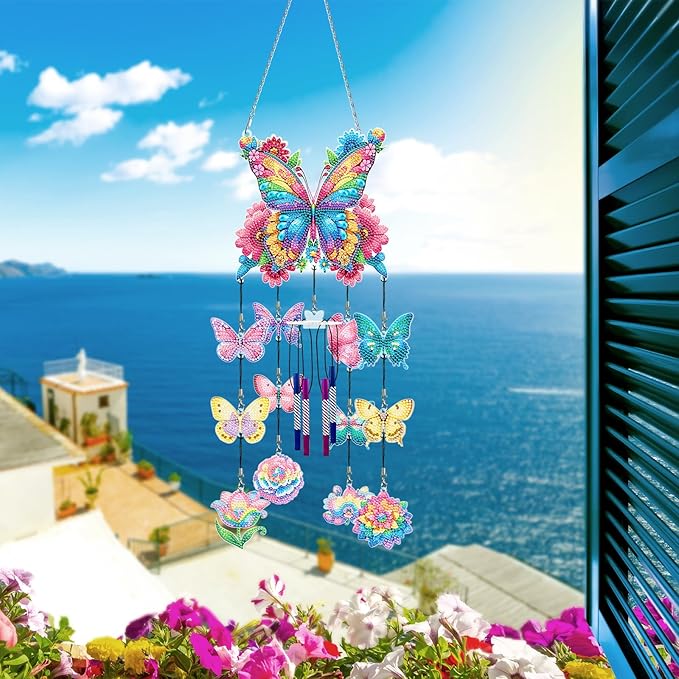 DIY Wind Chime Pendant Spring 3D Diamond Art Painting Hanging Ornament Double Sided Diamond Suncatchers for Window Home Backyard Garden Wall Door Decor (Butterfly03)