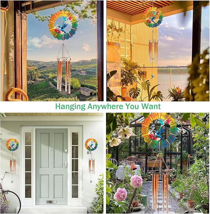 Wind Chimes with Hummingbird Wind Spinner, Gifts for Mothers Day Mom Women Grandma Birthday Retirement Teacher, 31" Windchimes Outdoor Decor Hanging Mobile for Garden Porch Patio Backyard