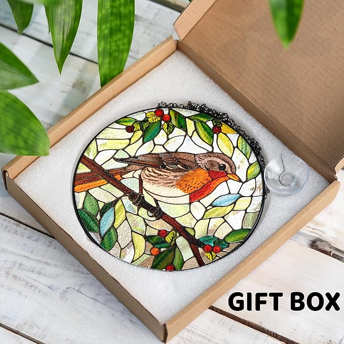 7.8" Robin Bird Stained Glass Suncatcher, Robin Birds Suncatcher Window Hanging, Birds Gifts Decor for Home Garden Housewarming, Morthers Day Bird Lover Gifts for Mom, Grandma, Women, Friend