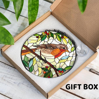 7.8" Robin Bird Stained Glass Suncatcher, Robin Birds Suncatcher Window Hanging, Birds Gifts Decor for Home Garden Housewarming, Morthers Day Bird Lover Gifts for Mom, Grandma, Women, Friend