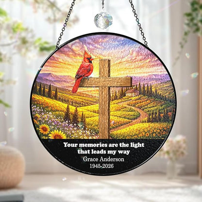 Personalized Cardinal Memorial Cross Stained Glass, Religious Crystal Window Hanging, Memorial Suncatcher for Loss of Loved One, Christian Sympathy Gift for Nana Grandpa, Cross Garden Decor