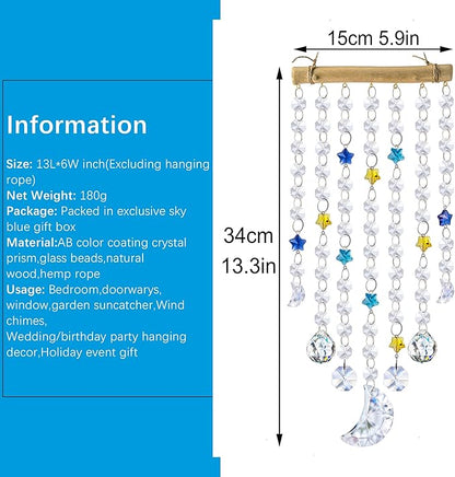 13.3inch Crystal Moon Star Prism Suncatcher Rainbow Maker Pendant Window Garden Hanging Decoration Ornament for Christmas Tree Crystal Wind Chimes