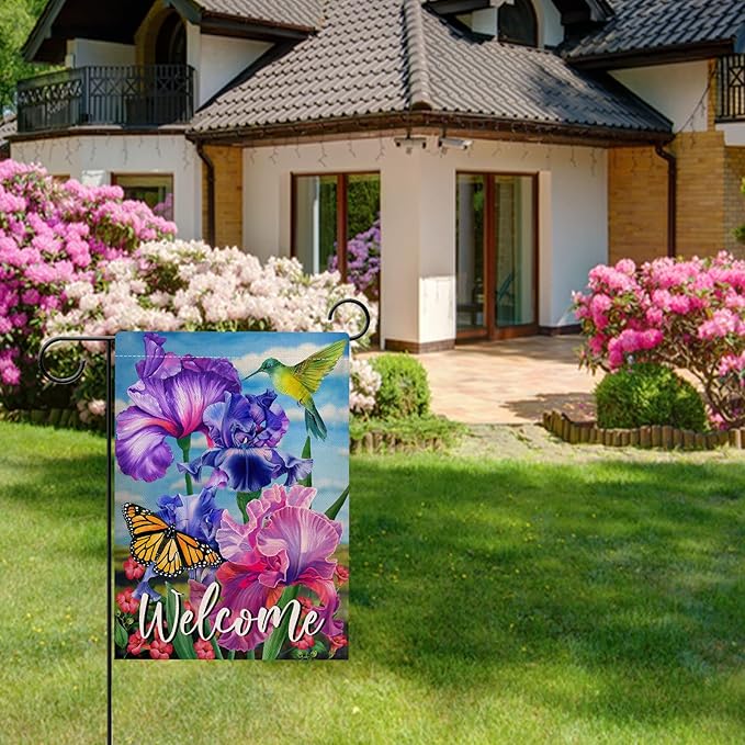 Hzppyz Welcome Spring Hummingbird Iris Garden Flag Double Sided, Purple Flower Bird Yellow Butterfly Decorative House Yard Outdoor Small Decor, Summer Floral Arrangement Home Outside Decoration 12x18