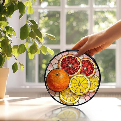 Orange Lemon Suncatchers Stained Glass Window Hanging, Lemon Kitchen Decor, Orange Gifts for Women, Summer Fruit Sun Catchers Indoor Window Glass Round Wall Decor, 7.9x7.9in