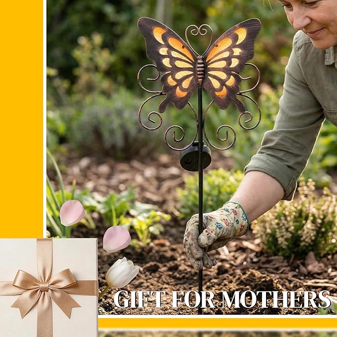 Butterfly Solar Lights for Outside, 36 inches Waterproof Metal Solar Pathway Lights, Large Solar Butterfly Lights Outdoor Garden Decor, Warm Amber LED Stake Lights Outdoor Yard