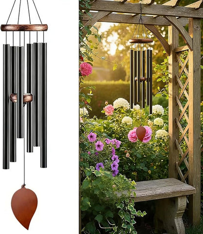 Large Aluminum Wind Chime -32 inch Black Metal 6-Tube Wind Chime Decoration with Commemorative Leaf Pendant, Suitable as a Consolation Wind Chime for Gardens, terraces, Home Decor, and Gifts