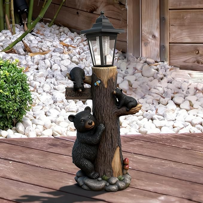 Bear Statue Welcome Sign Garden Statue with Solar Lights, 19 Inches Resin Bear Family on The Tree, Outdoor Bear Décor for Yard, Garden, Lawn, Patio, Black, Spring Decorations for Home