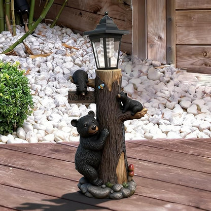 Bear Statue Welcome Sign Garden Statue with Solar Lights, 19 Inches Resin Bear Family on The Tree, Outdoor Bear Décor for Yard, Garden, Lawn, Patio, Black, Spring Decorations for Home