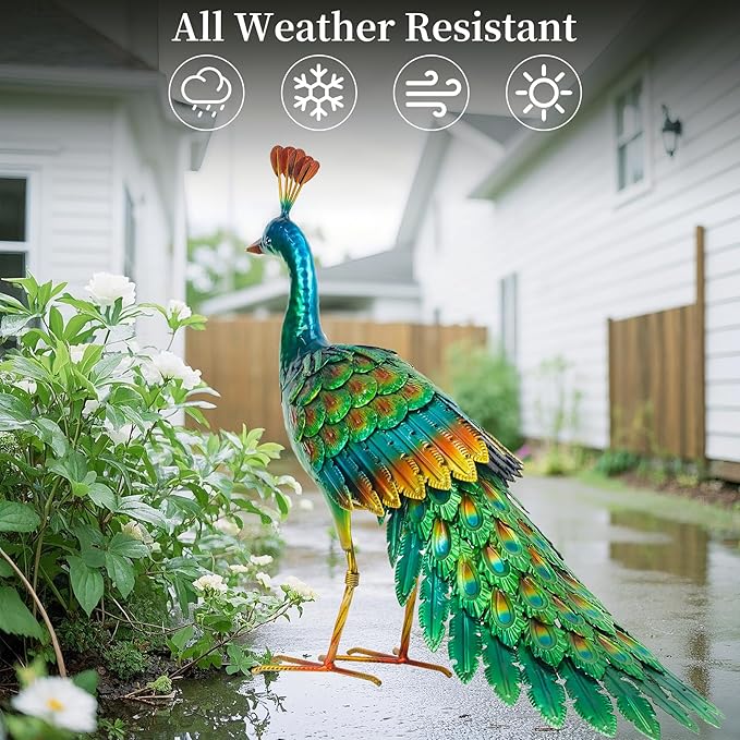 chisheen Metal Peacock Statue Garden Decor Yard Art Sculpture Outdoor Decoration for Lawn,Patio,Backyard,Housewarming Birthday Gifts for Women,Mom,Grandma (Green)