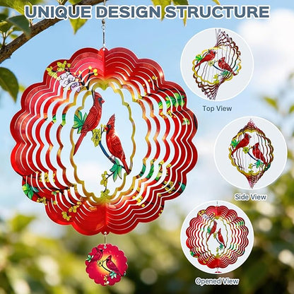 Cardinal Wind Spinner, IDEA SHOW 12Inch Metal 3D Kinetic Metal Wind Spinners, Cardinal Gift for Women, Mom, Garden & Yard Decor Outdoor/Indoor Decoration, Dynamic Art Hanging Sculpture (12In-Cardinal)
