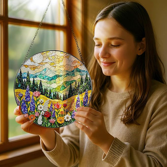 8-Inch Stained Glass Ornament, Stained Glass Window Hanging, Window Hanging Decor Suncatcher, Mountain Wildflower Ornament | Christmas, Mother’s Day, Birthday | Nature Art Gift, Gifts for Mom, Grandma