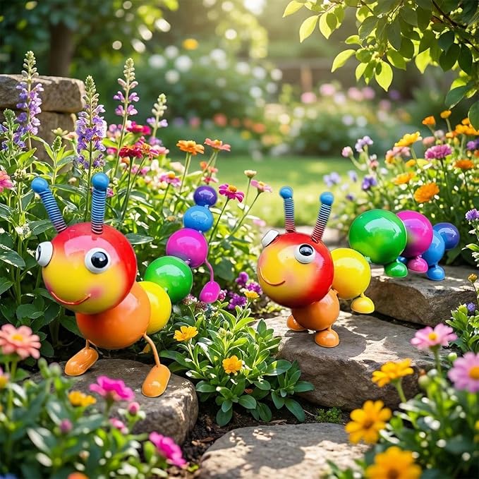 2 PackCute Caterpillar Metal Garden Statues Outdoor Art, Colorful Insect Lawn Ornaments for Backyard Patio Decorations, Funny Animal Yard Decor Gifts for Women Mom