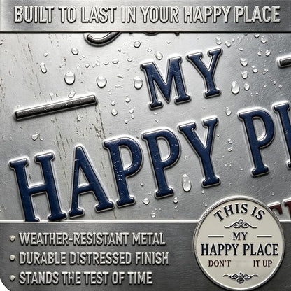 Happy Place – Vintage Statement Metal Sign Round Rustic Wall Decor Funny Garden Sign “This Is My Happy Place Please Respect The Vibe” Metal Hanging Plaque for Front Door Home Office Kitchen (2PCS, 8 * 8in)