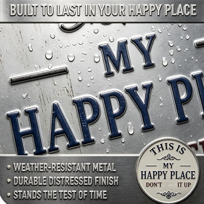 Happy Place – Vintage Statement Metal Sign Round Rustic Wall Decor Funny Garden Sign “This Is My Happy Place Please Respect The Vibe” Metal Hanging Plaque for Front Door Home Office Kitchen (1PCS, 8 * 8in)