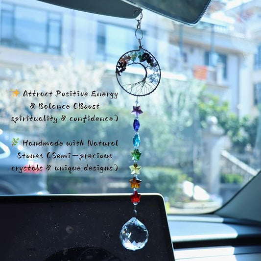 Healing Crystal Decor Tree of Life Car Hanging Accessories Suncatcher, car Charms for Rear View Mirror, Rear View Mirror Accessories, New Car Gift