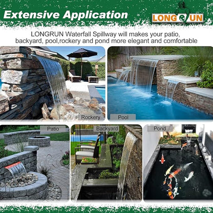 LONGRUN Waterfall Spillway, APP Control Multi-Color LED Light Outdoor Pool Fountain, Acrylic Water Spillway Koi Pond Waterfalls Fountains Kit for Garden Patio Swimming Pool Decoration-23.6"