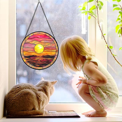 DASTOLL Stained Glass Window Hanging, Sunrise Sea Surface Sun Catchers Diamond Glass Panel Hangings Abstract Suncatcher Decor for Birthday for Women, Men, Wife, Aunt, and Mom 7.8 in