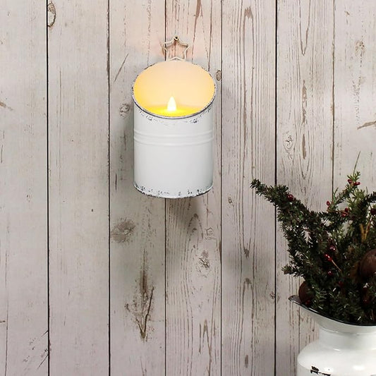 CVHOMEDECO. Vintage Galvanized Can Flameless LED Candle, Real Wax in Antique Galvanized Jar Flickering Candle with Remote Control for Tabletop Wall Decor. H 8 Inch, Cream