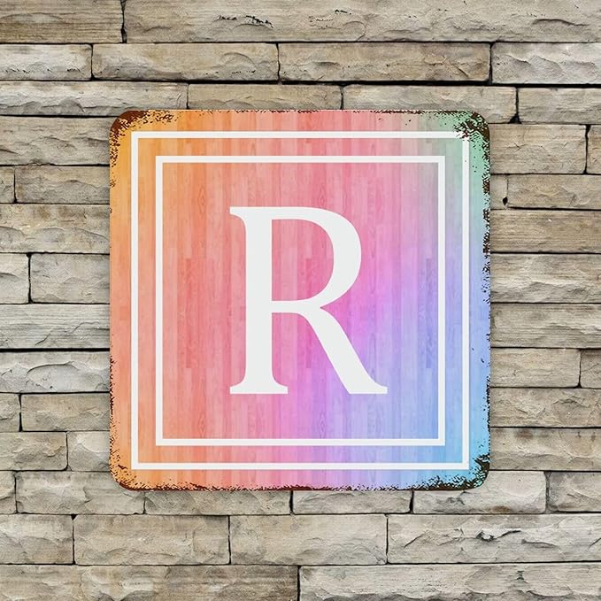 Alphabet Monogram Initial Letter R Retro Durable Aluminum Tin Metal Signs Funny Chic Farmhouse Vintage Welcome Sign for Front Door Fence Gate Home Decor Wall Art Signs 10x10 Inch