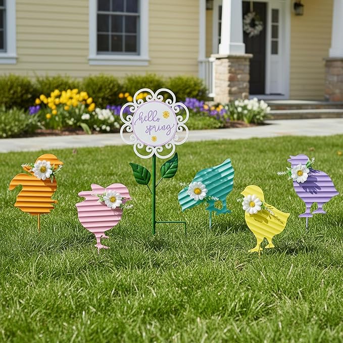 6PCS Spring Chick Metal Yard Decorations Stakes, Grandmas Garden Easter Holiday Yard Decoration Outdoor Stakes, Memorial Personalized Unique Garden Gifts Women for Grandma Statue