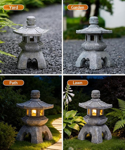 Nacome Solar Pagoda Lantern Garden Statue,Indoor/Outdoor Zen Asian Decor for Landscape Balcony,Garden,Patio,Porch Yard Art Ornament,Polyresin, Stone Finish