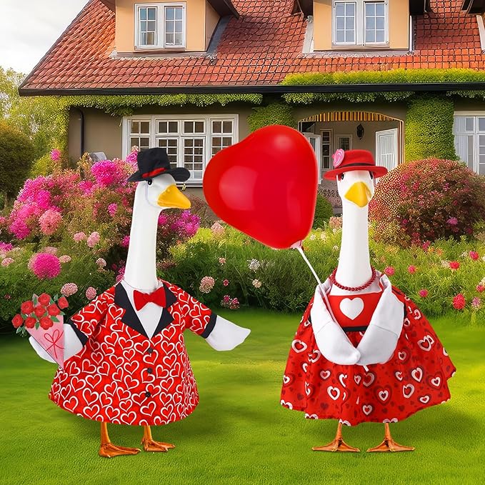 Abbylike 2 Sets Wedding Porch Goose Outfits Red Heart Porch Yard Goose Outfits Clothes Costume Fits Large 23'' Cement for Valentine's Day Garden Yard Statue Pathway Decorations