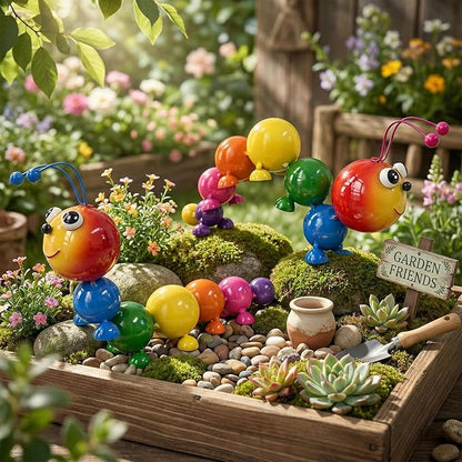 Metal Caterpillar Statue Indoor Outdoor Vivid Yard Art Garden Decor for Outside Patio Lawn Ornaments Fence Decorations Gift for Family Friends Garden Lovers 2 Pack(Color & Curved)