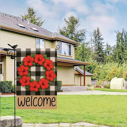 Buffalo Plaid Welcome Wreath Garden Flag Red Hibiscus Flower Red Floral Flag 12x18 Double Sided Tropical Floral Yard Decor for Spring Summer Outdoor Porch Patio Lawn Farmhouse
