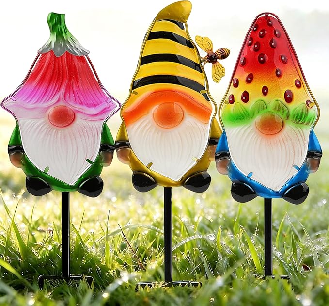 LEGIFO Garden Decor Gnomes Stakes Set of 3, Metal & Glass 18.3″, Outdoor Gnome Stake for Backyard Lawn Decor, Funny Yard Art Decorations for Mom Grandma Women Mother’s Day